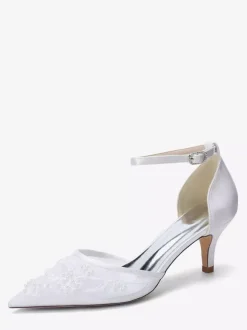 Kitten Heel Bridal Shoes Pointed Toe Beaded Ankle Strap Bridal Shoes