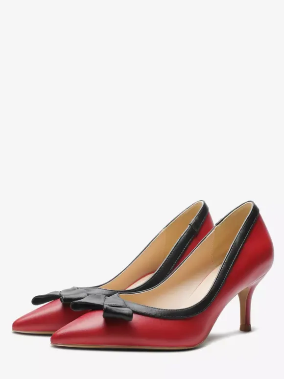 Kitten Heel Pumps Black Pointed Toe Bow Slip On Pumps For Women