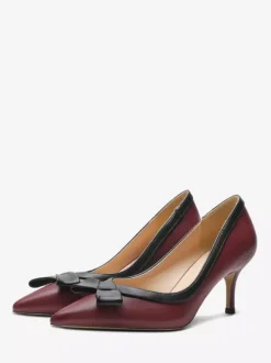 Kitten Heel Pumps Black Pointed Toe Bow Slip On Pumps For Women
