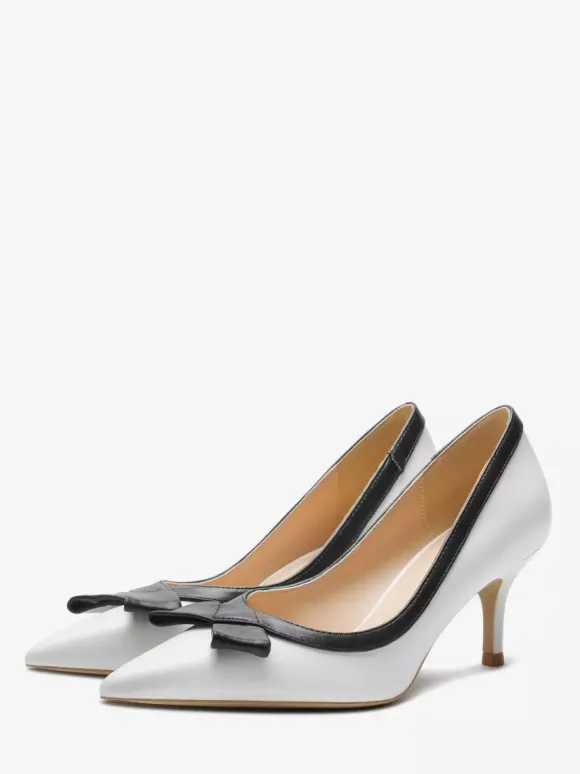 Kitten Heel Pumps Black Pointed Toe Bow Slip On Pumps For Women