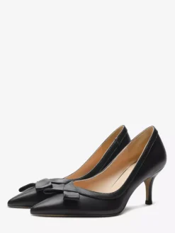 Kitten Heel Pumps Black Pointed Toe Bow Slip On Pumps For Women