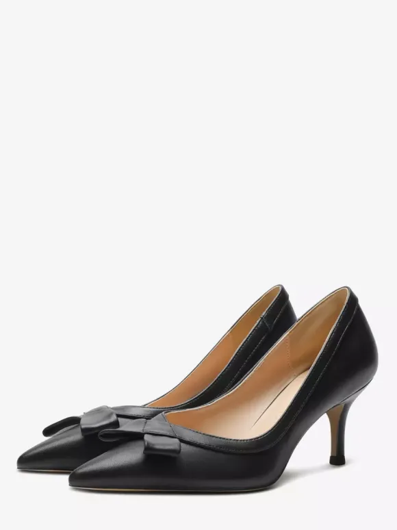 Kitten Heel Pumps Black Pointed Toe Bow Slip On Pumps For Women