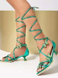 Kitten Heel Sandals Open Toe Lace Up Sandal Shoes