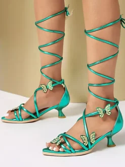 Kitten Heel Sandals Open Toe Lace Up Sandal Shoes