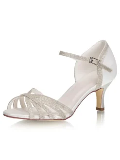 Kitten Heel Wedding Shoes Glitter Open Toe Strappy Sandals Vintage Bridal Shoes