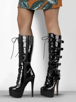 Knee Boots Women's PU Leather Knee-High Boots Buckle Stiletto Heel