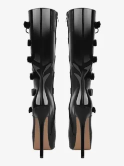 Knee Boots Women's PU Leather Knee-High Boots Buckle Stiletto Heel
