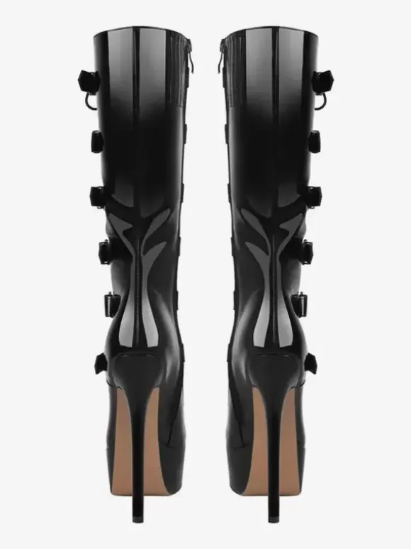 Knee Boots Women's PU Leather Knee-High Boots Buckle Stiletto Heel