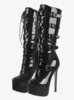 Knee Boots Women's PU Leather Knee-High Boots Buckle Stiletto Heel