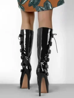 Knee Boots Women's PU Leather Knee-High Boots Buckle Stiletto Heel