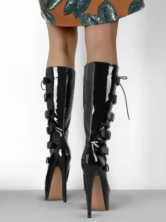 Knee Boots Women's PU Leather Knee-High Boots Buckle Stiletto Heel