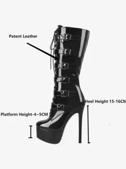 Knee Boots Women's PU Leather Knee-High Boots Buckle Stiletto Heel