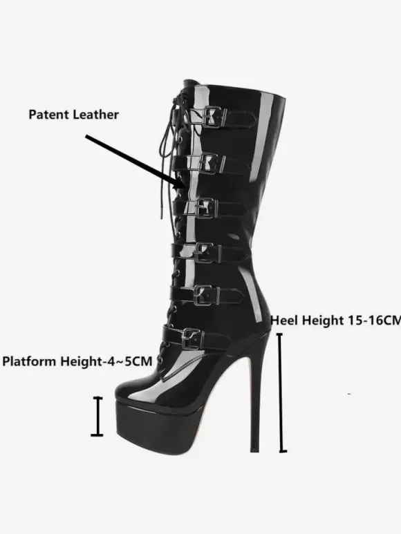 Knee Boots Women's PU Leather Knee-High Boots Buckle Stiletto Heel