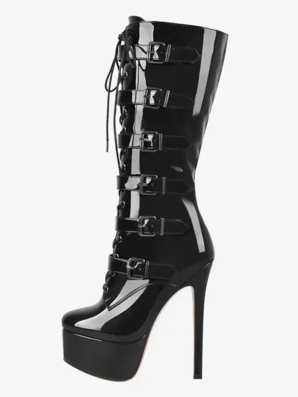 Knee Boots Women's PU Leather Knee-High Boots Buckle Stiletto Heel