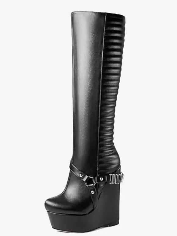 Knee High Boots Women's PU Black Chic Buckle Knee-High Boots Wedge Heel