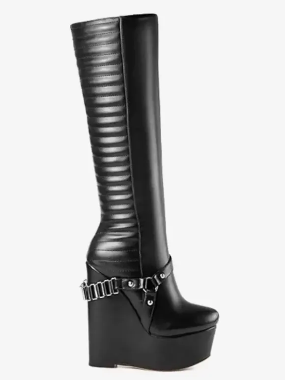 Knee High Boots Women's PU Black Chic Buckle Knee-High Boots Wedge Heel