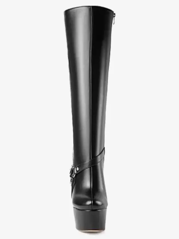 Knee High Boots Women's PU Black Chic Buckle Knee-High Boots Wedge Heel