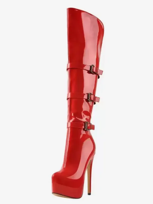 Knee High Boots Women's PU Leather Knee-High Boots Buckle Stiletto Heel
