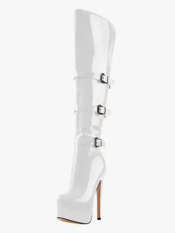 Knee High Boots Women's PU Leather Knee-High Boots Buckle Stiletto Heel