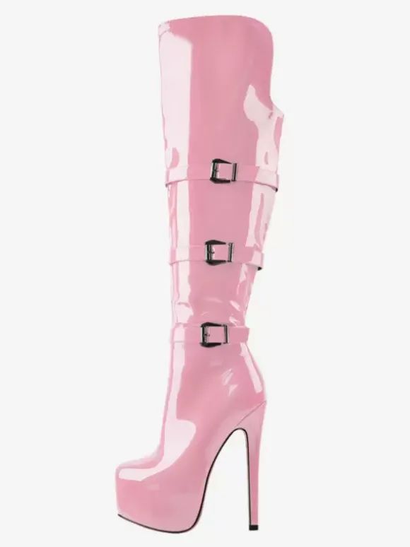 Knee High Boots Women's PU Leather Knee-High Boots Buckle Stiletto Heel
