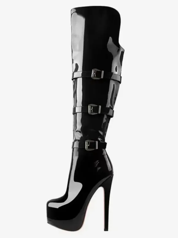Knee High Boots Women's PU Leather Knee-High Boots Buckle Stiletto Heel