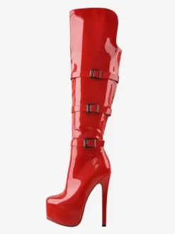Knee High Boots Women's PU Leather Knee-High Boots Buckle Stiletto Heel
