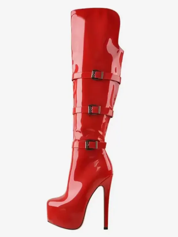 Knee High Boots Women's PU Leather Knee-High Boots Buckle Stiletto Heel