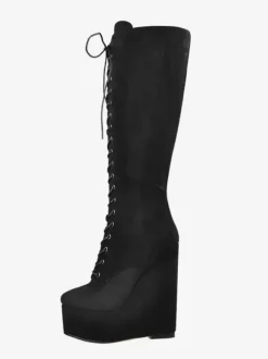 Knee High Boots Black Sexy Lace Up Wedge Heel Lace Up Boots For Women