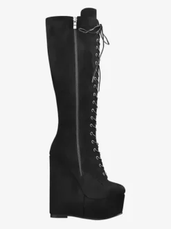 Knee High Boots Black Sexy Lace Up Wedge Heel Lace Up Boots For Women