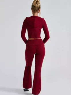 Knit Crop Zip Up Hoodie And Flared Pants Two Piece Co-ord Set For Women 2026