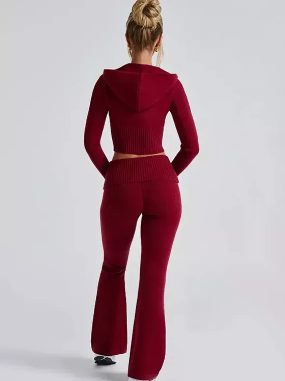 Knit Crop Zip Up Hoodie And Flared Pants Two Piece Co-ord Set For Women 2026
