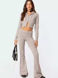 Knit Crop Zip Up Hoodie And Flared Pants Two Piece Co-ord Set For Women 2026