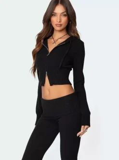 Knit Crop Zip Up Hoodie And Flared Pants Two Piece Co-ord Set For Women 2026