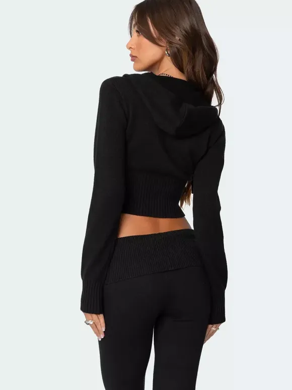 Knit Crop Zip Up Hoodie And Flared Pants Two Piece Co-ord Set For Women 2026