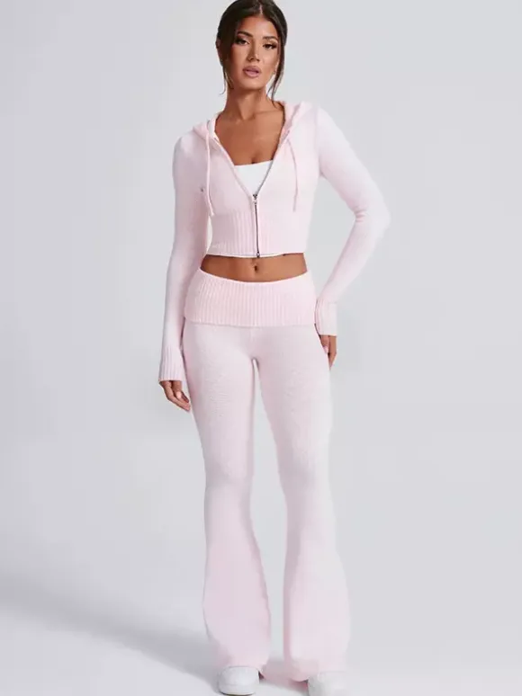 Knit Crop Zip Up Hoodie And Flared Pants Two Piece Co-ord Set For Women 2026