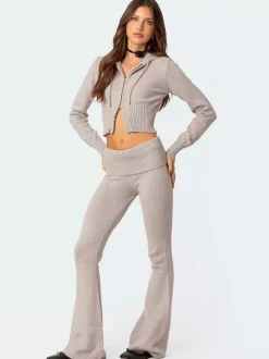 Knit Crop Zip Up Hoodie And Flared Pants Two Piece Co-ord Set For Women 2026