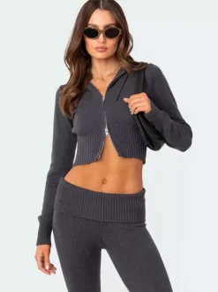 Knit Crop Zip Up Hoodie And Flared Pants Two Piece Co-ord Set For Women 2026