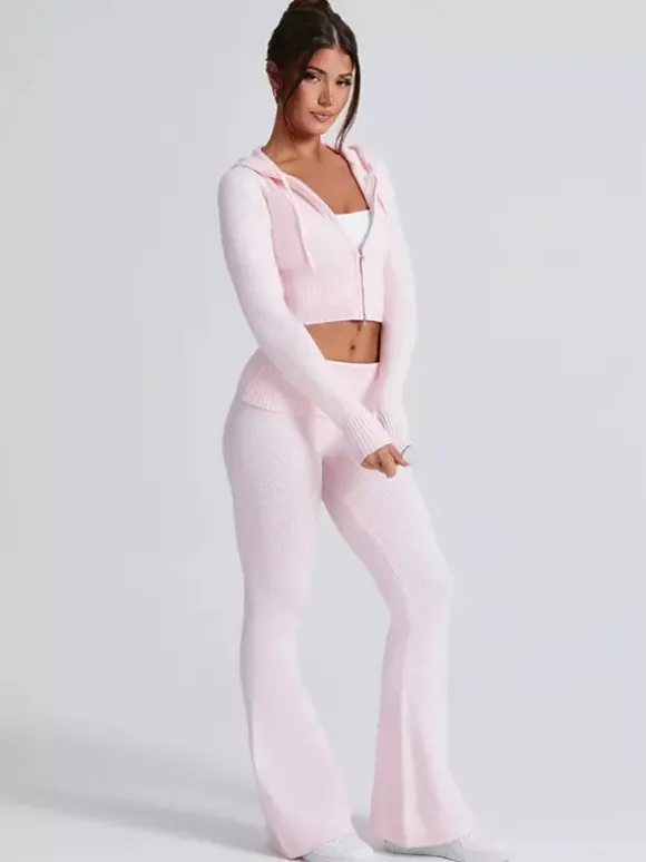 Knit Crop Zip Up Hoodie And Flared Pants Two Piece Co-ord Set For Women 2026