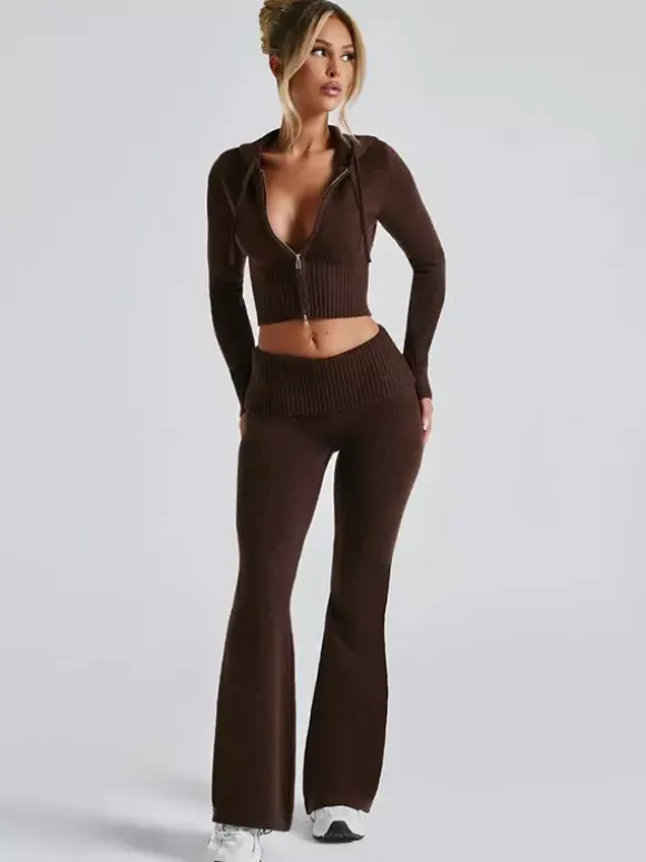 Knit Crop Zip Up Hoodie And Flared Pants Two Piece Co-ord Set For Women 2026