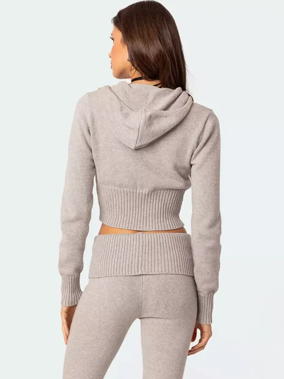 Knit Crop Zip Up Hoodie And Flared Pants Two Piece Co-ord Set For Women 2026