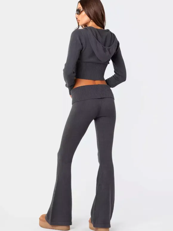 Knit Crop Zip Up Hoodie And Flared Pants Two Piece Co-ord Set For Women 2026