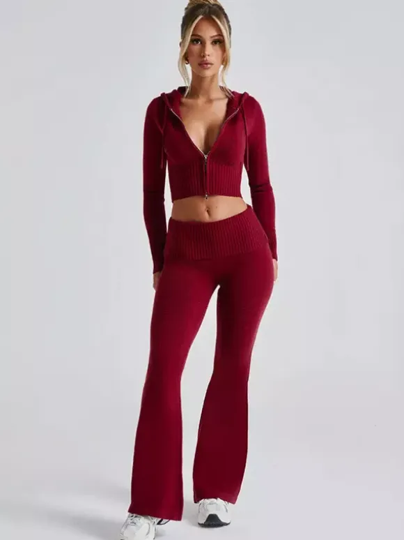 Knit Crop Zip Up Hoodie And Flared Pants Two Piece Co-ord Set For Women 2026