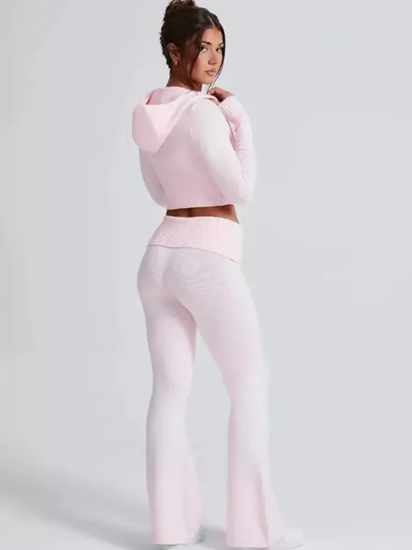 Knit Crop Zip Up Hoodie And Flared Pants Two Piece Co-ord Set For Women 2026