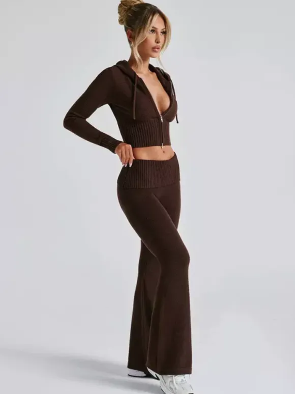 Knit Crop Zip Up Hoodie And Flared Pants Two Piece Co-ord Set For Women 2026