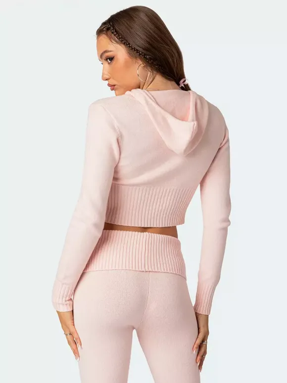 Knit Crop Zip Up Hoodie And Flared Pants Two Piece Co-ord Set For Women 2026