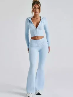 Knit Crop Zip Up Hoodie And Flared Pants Two Piece Co-ord Set For Women 2026