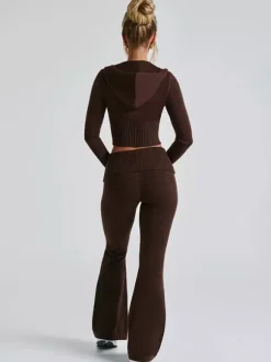 Knit Crop Zip Up Hoodie And Flared Pants Two Piece Co-ord Set For Women 2026