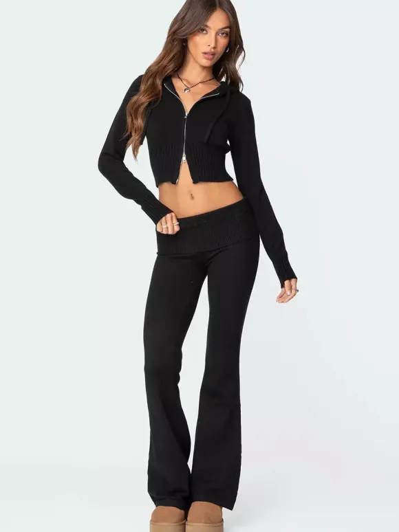 Knit Crop Zip Up Hoodie And Flared Pants Two Piece Co-ord Set For Women 2026