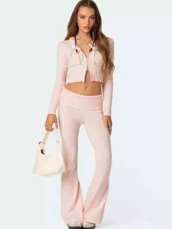 Knit Crop Zip Up Hoodie And Flared Pants Two Piece Co-ord Set For Women 2026