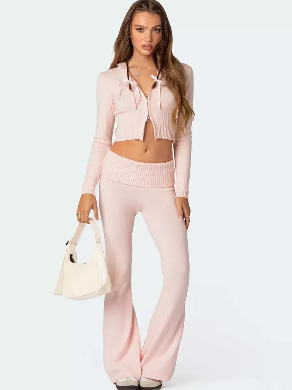 Knit Crop Zip Up Hoodie And Flared Pants Two Piece Co-ord Set For Women 2026
